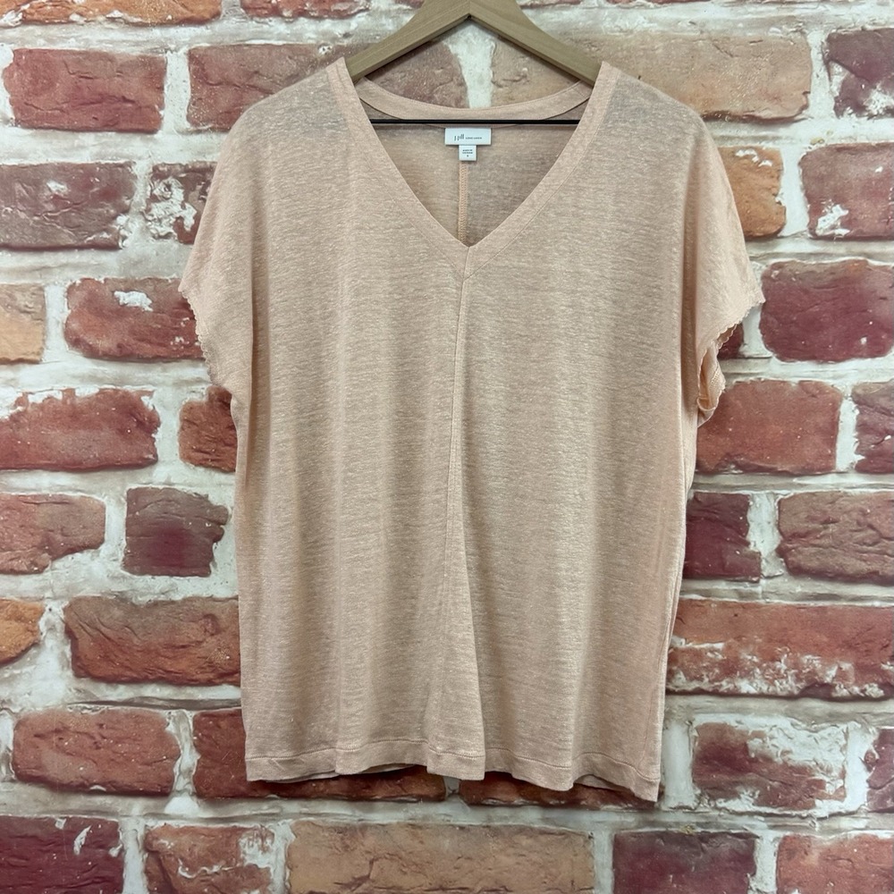 J Jill T Shirt Women's Small Pale Pink 100% Linen Slubbed Scalloped Sleeve Top